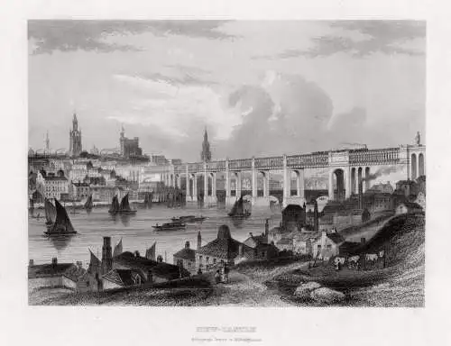 Großbritannien: New Castle. Eisenbahnbrücke. Echter Stahlstich um 1860