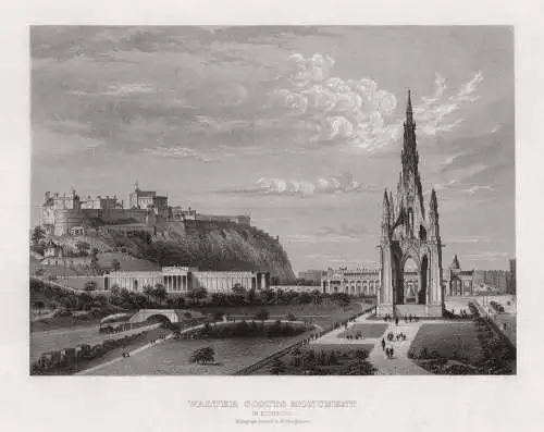 Schottland: Edinburgh Scotts Monument. Echter Stahlstich um 1870