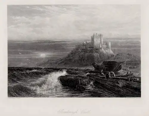 Großbritannien: Bamborough Castle in Northumberland, Echter Stahlstich um 1875