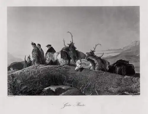 Hirschjagd, Gute Beute, originaler Stahlstich, Haewood um 1850