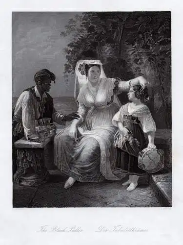 Haarschmuck: Der Tabulettkrämer. Originaler Stahlstich von Payne um 1860