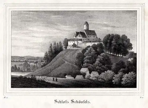 Schloß Schönfels bei Zwickau . Lithographie aus Saxonia um 1840