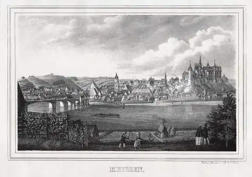 Meissen, Blick über die Elbe. Kreidelithographie um 1840