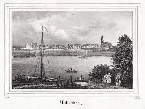 Wittenberg Blick über die Elbe . Lithographie aus Saxonia um 1840