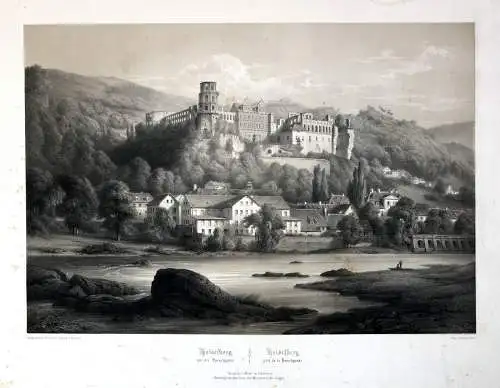 Heidelberg - von der Hirschgasse aus. Originale Lithographie um 1850