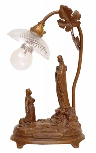 Antike sakrale Jugendstil Tischleuchte Heilige von Lourdes Pilger um 1920