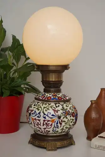 Einzelstück Jugendstil Landhaus Tischleuchte Keramik Opalglas