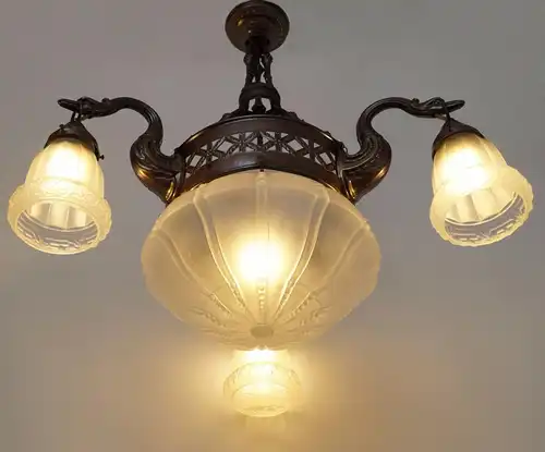 Prachtvolle Original Art Nouveau Lüster Deckenlampe Hängeleuchte Messing "SWAN"