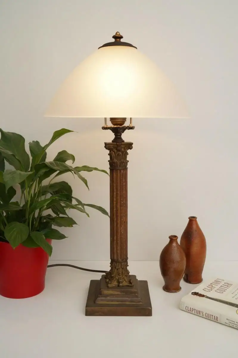 Sehr große original Jugendstil Salonleuchte Schreibtischlampe Messing Holz 60 cm 1