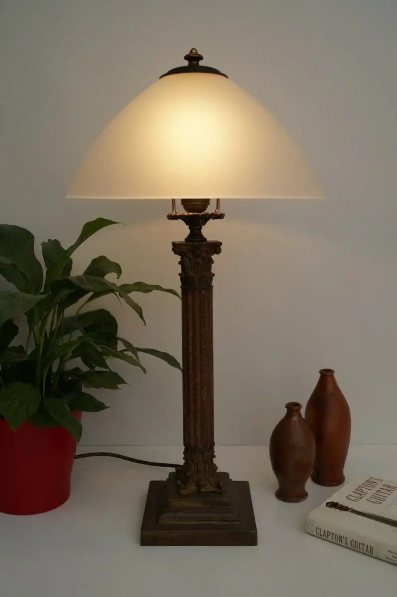 Sehr große original Jugendstil Salonleuchte Schreibtischlampe Messing Holz 60 cm 2