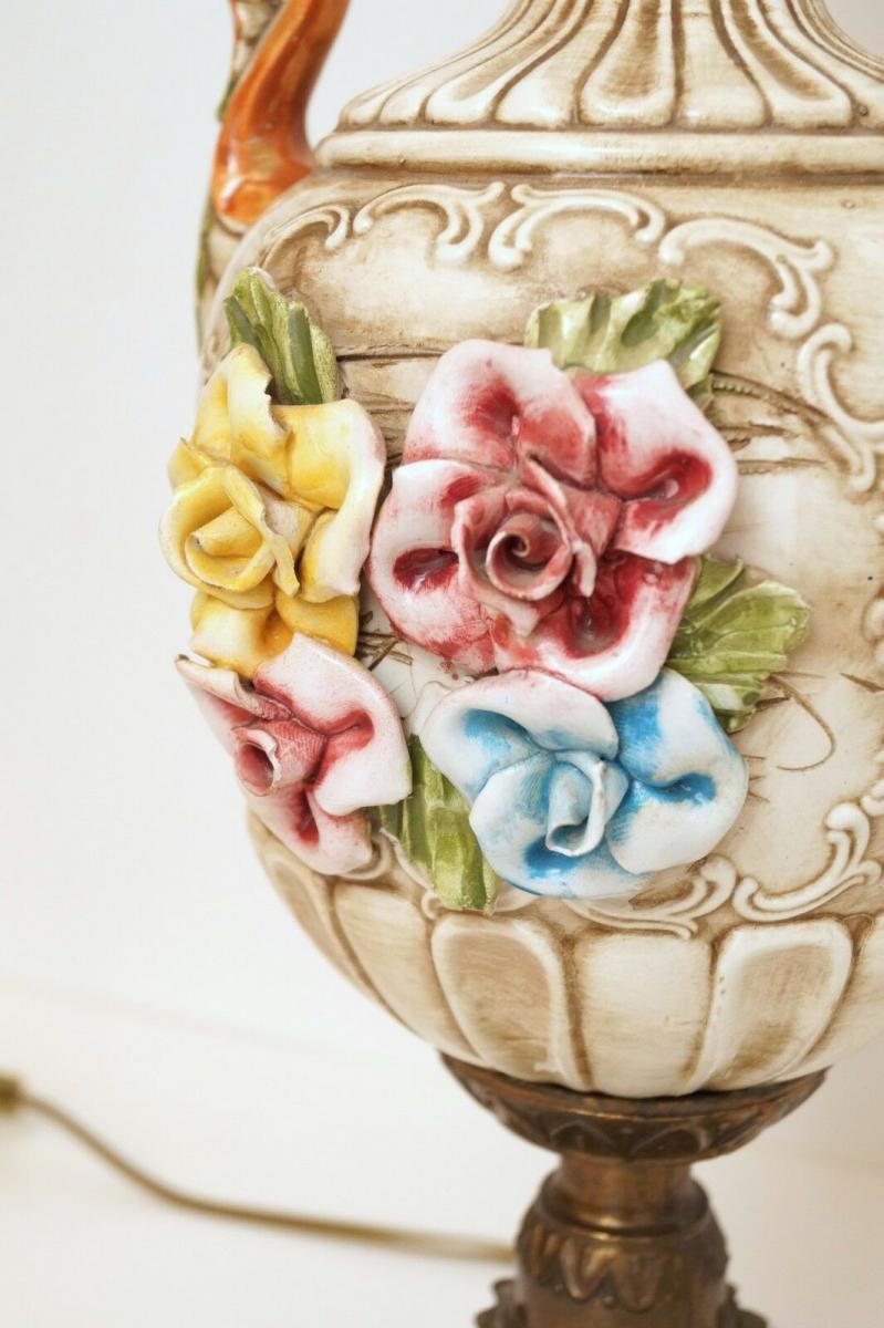 Niederländische Jugendstil Salon Tischleuchte Keramik Rosen 1960er Nr