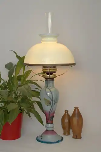 Chouette Art Nouveau Lampe à pétrole Verre peint à la main Unicat signé