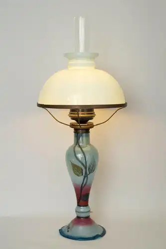 Chouette Art Nouveau Lampe à pétrole Verre peint à la main Unicat signé