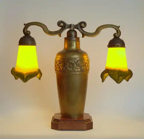 Jugendstil Lampe Leuchte "TWO TULIPS" Messinglampe Berlin Unikat Verré