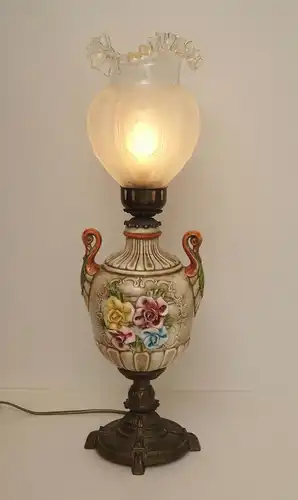 Niederländische Jugendstil Salon Tischleuchte Keramik Rosen 1960er