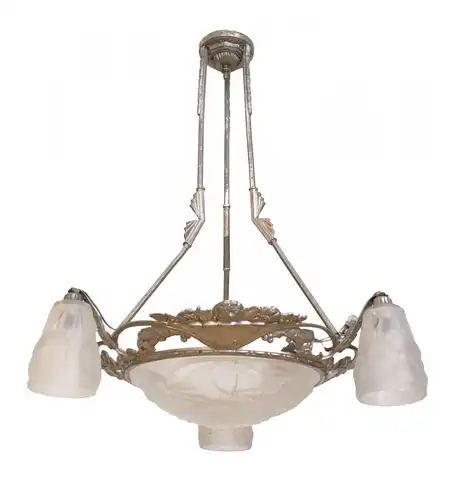 Original Degué Art Déco Lustre de plafond 1920 nickelé lampe suspendue argent