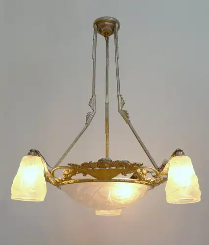 Original Degué Art Déco Lustre de plafond 1920 nickelé lampe suspendue argent