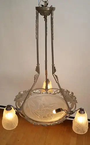 Original Degué Art Déco Lustre de plafond 1920 nickelé lampe suspendue argent