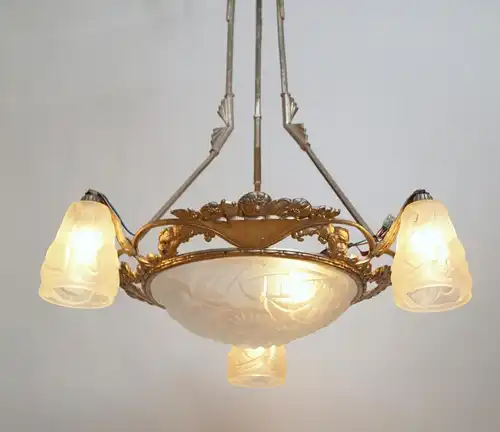 Original Degué Art Déco Lustre de plafond 1920 nickelé lampe suspendue argent