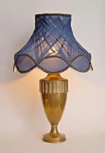 Grande lampe en laiton d'origine "AMPHORE BLEUE" lampe de table de ferme
