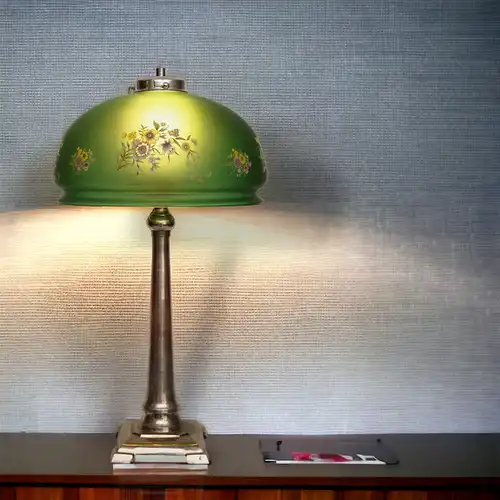 Schöne Landhaus Messinglampe vernickelt "TEMPTATION" apfelgrün Unikat Lampe