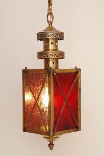 Jugendstil Lampe Flurlaterne Deckenlampe Hängeleuchte Messing Eisblumenglas