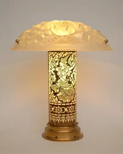 Art Deco Tischlampe "THAI DANCER" Einzelstück Glassockel antiker Schirm