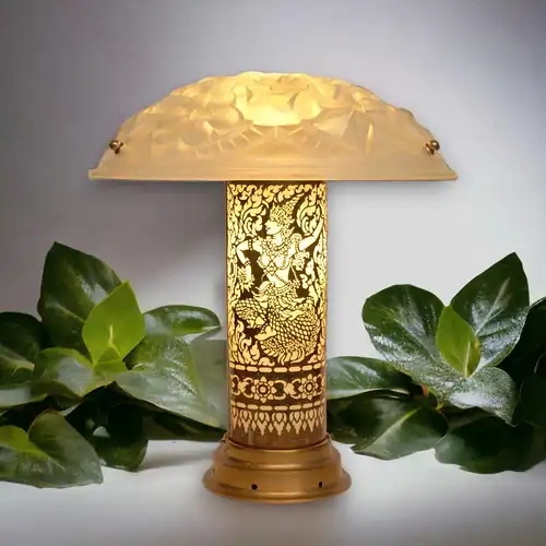 Art Déco lampe de table "THAI DANCER" plateau en verre simple parasol antique