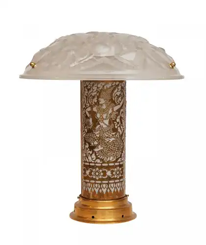 Art Déco lampe de table "THAI DANCER" plateau en verre simple parasol antique