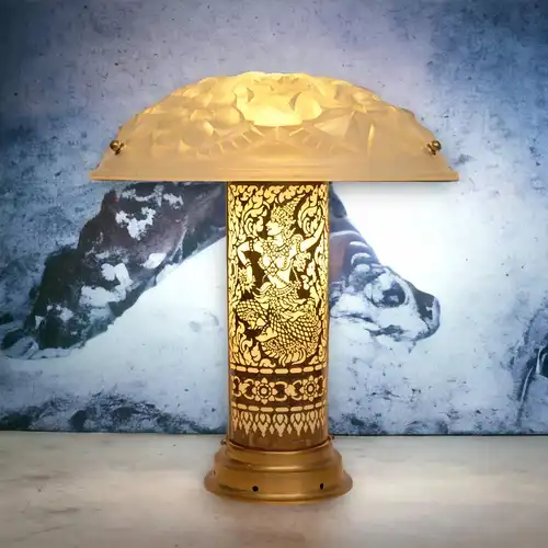 Art Deco Tischlampe "THAI DANCER" Einzelstück Glassockel antiker Schirm