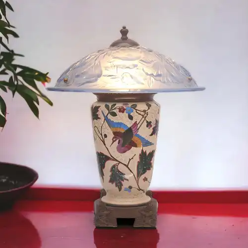 Klassische Art Deco Tischlampe "BLUE BIRD" Einzelstück Majolika Lampe Unikat