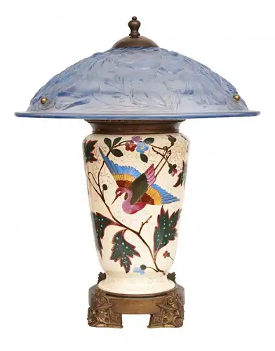 Klassische Art Deco Tischlampe "BLUE BIRD" Einzelstück Majolika Lampe Unikat