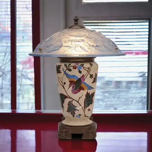 Klassische Art Deco Tischlampe "BLUE BIRD" Einzelstück Majolika Lampe Unikat