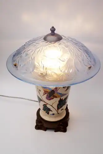 Klassische Art Deco Tischlampe "BLUE BIRD" Einzelstück Majolika Lampe Unikat