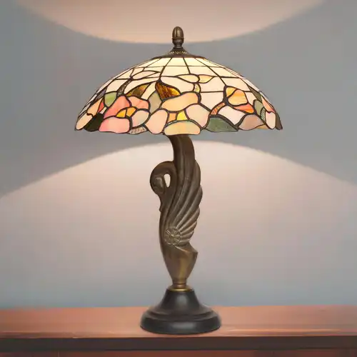 ART DECO Tischlampe "COLORED SWAN" Bronze Tiffanylampe Einzelstück