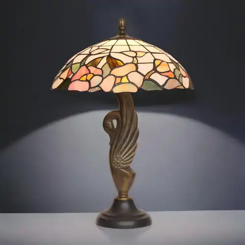 ART DECO Tischlampe "COLORED SWAN" Bronze Tiffanylampe Einzelstück