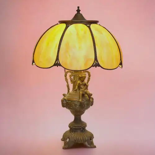 Große JUGENDSTIL Tischlampe "CHRISTMAS PUTTO" Messing Tiffany