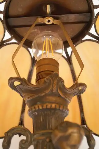 Große JUGENDSTIL Tischlampe "CHRISTMAS PUTTO" Messing Tiffany