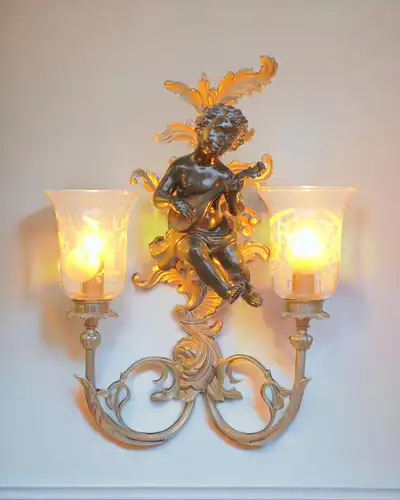 Große Jugendstil Wandleuchte "GREEN CHERUB" Putto Wandlampe Engel