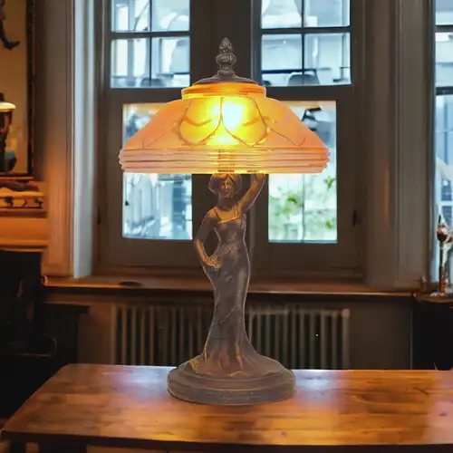 Jugendstil Figurenlampe "FLORENCE" Tischleuchte Messinglampe Unikat Einzelstück