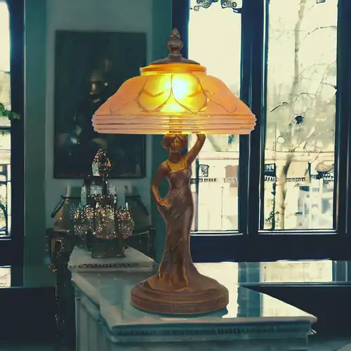 Jugendstil Figurenlampe "FLORENCE" Tischleuchte Messinglampe Unikat Einzelstück