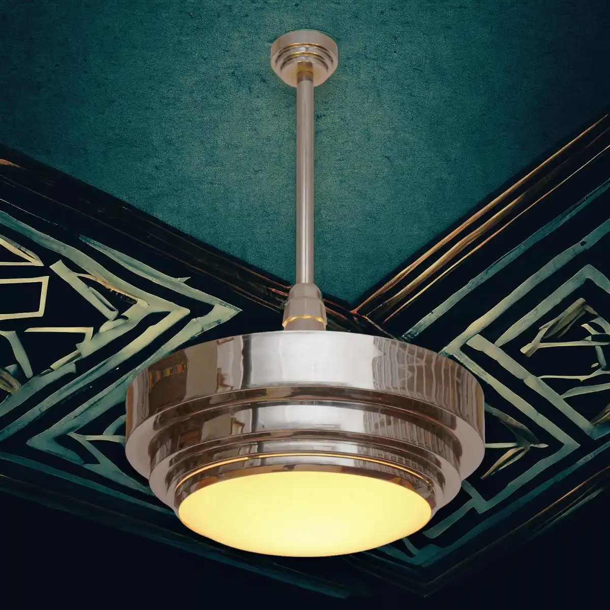 Original Art Deco Hängeleuchte "EMPIRE" Deckenlampe 1930 Chrom RAR Lampe sign.