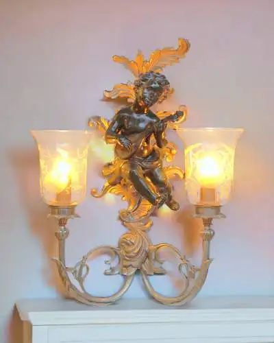 Große Jugendstil Wandleuchte "GREEN CHERUB" Putto Wandlampe Engel