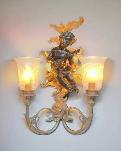 Große Jugendstil Wandleuchte "GREEN CHERUB" Putto Wandlampe Engel