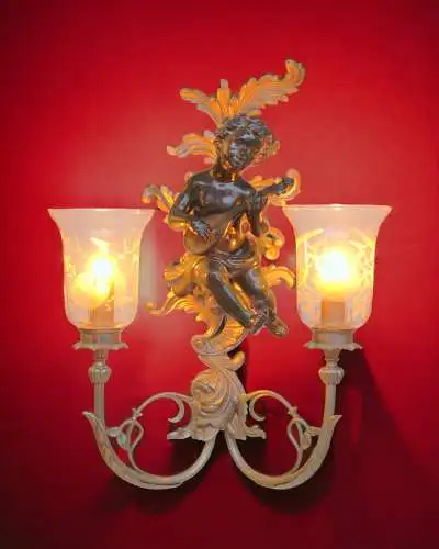 Große Jugendstil Wandleuchte "GREEN CHERUB" Putto Wandlampe Engel