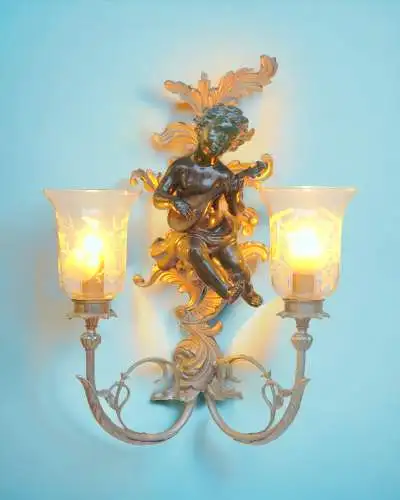 Große Jugendstil Wandleuchte "GREEN CHERUB" Putto Wandlampe Engel