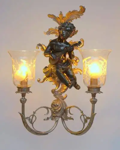 Große Jugendstil Wandleuchte "GREEN CHERUB" Putto Wandlampe Engel