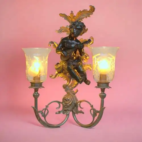 Große Jugendstil Wandleuchte "GREEN CHERUB" Putto Wandlampe Engel