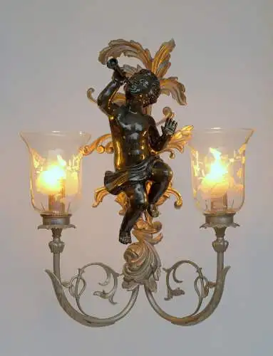 Extravagante Jugendstil Wandleuchte "GREEN CHERUB" Putto Wandlampe Engel