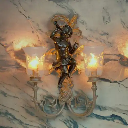 Extravagante Jugendstil Wandleuchte "GREEN CHERUB" Putto Wandlampe Engel